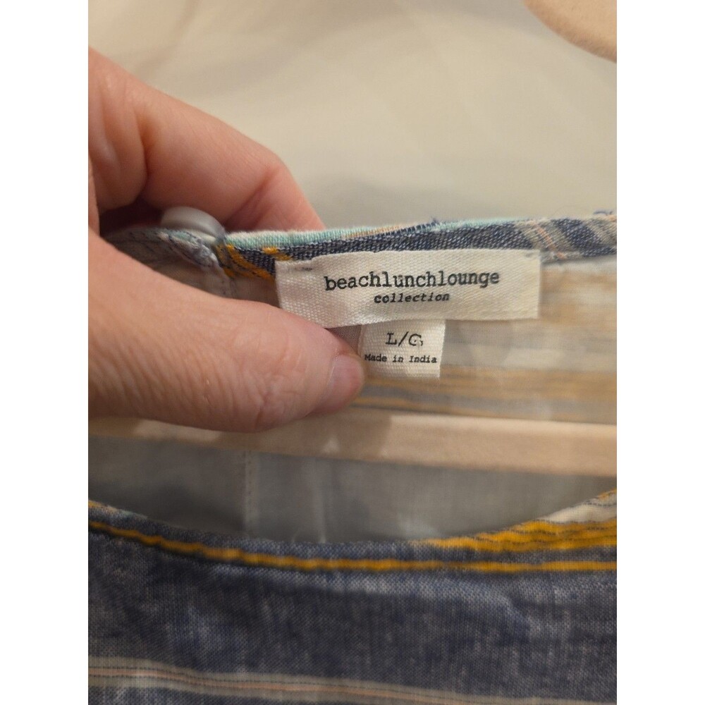 BEACH LUNCH LOUNGE Linen Blend Blue Striped Fit & Flare Coastal Dress Size‎ Lg - Picture 2 of 7